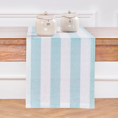 Solino Home Linen Table Runner 36 Inches - Cabana Stripe 100% Pure Linen Sky Blue and White Table Runner 14 x 36 Inch Ideal for Dresser and Coffee Tables - Summer in Kuwait