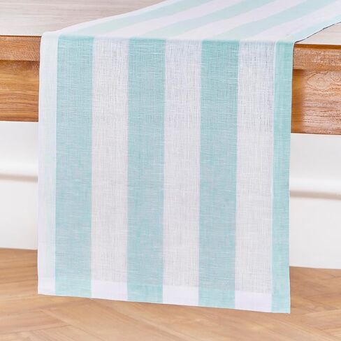 Solino Home Linen Table Runner 36 Inches - Cabana Stripe 100% Pure Linen Sky Blue and White Table Runner 14 x 36 Inch Ideal for Dresser and Coffee Tables - Summer in Kuwait