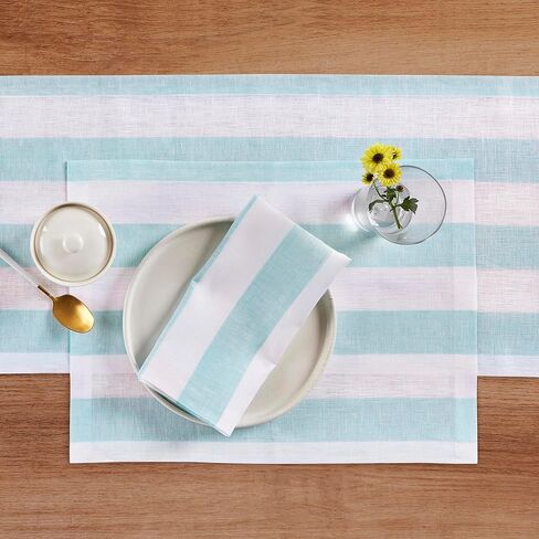 Solino Home Linen Table Runner 36 Inches - Cabana Stripe 100% Pure Linen Sky Blue and White Table Runner 14 x 36 Inch Ideal for Dresser and Coffee Tables - Summer in Kuwait