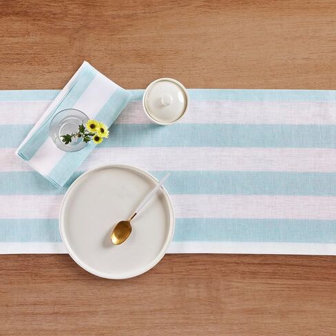 Solino Home Linen Table Runner 36 Inches - Cabana Stripe 100% Pure Linen Sky Blue and White Table Runner 14 x 36 Inch Ideal for Dresser and Coffee Tables - Summer in Kuwait