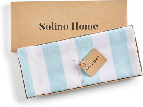 Solino Home Linen Table Runner 36 Inches - Cabana Stripe 100% Pure Linen Sky Blue and White Table Runner 14 x 36 Inch Ideal for Dresser and Coffee Tables - Summer in Kuwait