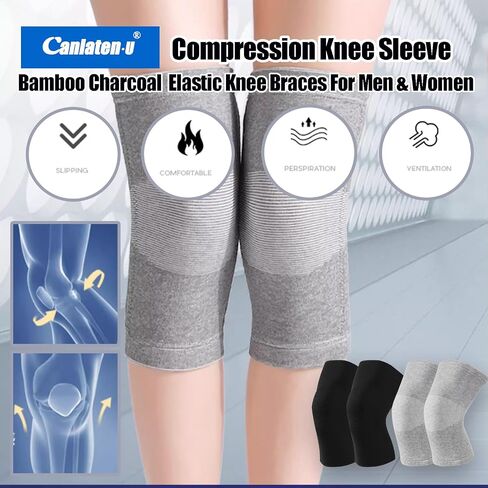 Bamboo Charcoal Compression Knee Sleeve - Elastic Knee Braces Pads Warmers Protective Knee Support for Arthritis and Runners (Gray+Black, Large) in Saudi Arabia