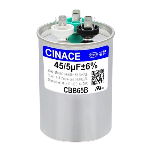 Cinace 45+5UF 45/5MFD ± 6 ٪ CBB65 مكثف بدء تشغيل دائري مزدوج للركض لمكيف الهواء ، و AC Motor Run ، و HON START ، ومكثف مستقيم ، ومضخة حرارة ، وحدات مكثف ، HVAC ، صانع الثلج 370/450VAC 50/60Hz in Saudi Arabia