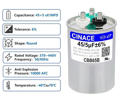 Cinace 45+5UF 45/5MFD ± 6 ٪ CBB65 مكثف بدء تشغيل دائري مزدوج للركض لمكيف الهواء ، و AC Motor Run ، و HON START ، ومكثف مستقيم ، ومضخة حرارة ، وحدات مكثف ، HVAC ، صانع الثلج 370/450VAC 50/60Hz in Saudi Arabia