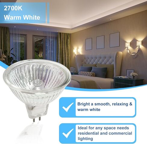 MR16 Halogen Light Bulb 2 pin 50W 12V, High Output GU5.3 Base for Landscape Lights, Track Lights, Fiber Optics, Desk Lamps, 2700K Warm White Dimmable, 6 Pack in Kuwait