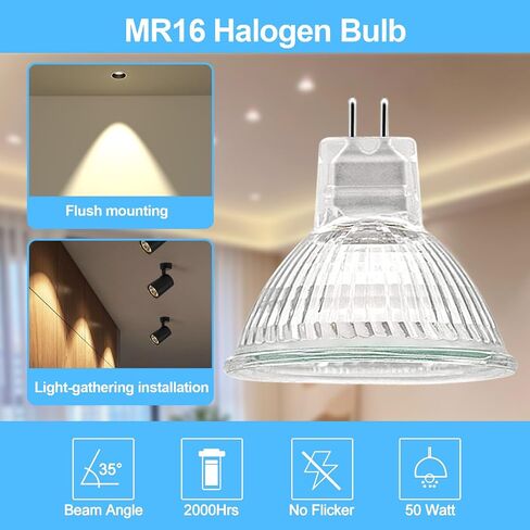 MR16 Halogen Light Bulb 2 pin 50W 12V, High Output GU5.3 Base for Landscape Lights, Track Lights, Fiber Optics, Desk Lamps, 2700K Warm White Dimmable, 6 Pack in Kuwait