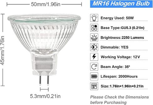 MR16 Halogen Light Bulb 2 pin 50W 12V, High Output GU5.3 Base for Landscape Lights, Track Lights, Fiber Optics, Desk Lamps, 2700K Warm White Dimmable, 6 Pack in Kuwait