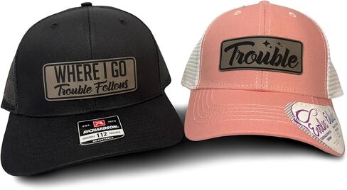 Where I Go Trouble Follows – Matching Couple Hats (2 Pack) | Premium Snapback Baseball Hats for Men & Women, Where I Go Trouble Follows Ponytail Hat (All Black/Pink) in Saudi Arabia