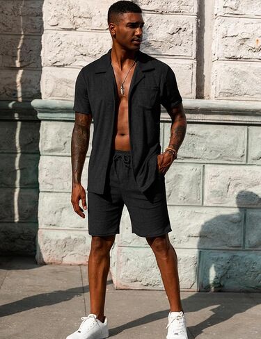 مجموعات قصيرة من Urru Mens 2 قطعة من Summer Beach Terry الأكمام القصيرة لأسفل القميص والسرات القصيرة in Kuwait