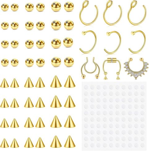 JFORYOU Fake Eyebrow Ring Fake Lip Labret Studs Replacement Balls Spike with 100pcs Sticker Non-Piercing Body Jewelry Fake Skin Piercing in Kuwait
