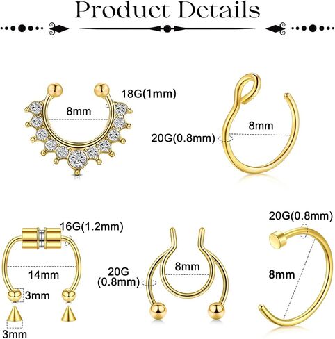 JFORYOU Fake Eyebrow Ring Fake Lip Labret Studs Replacement Balls Spike with 100pcs Sticker Non-Piercing Body Jewelry Fake Skin Piercing in Kuwait