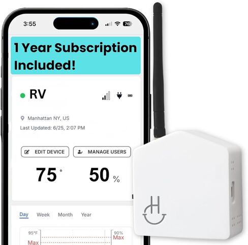 Hygge Cellular Temperature Monitor for RV, Home, Camper & Server Room| 24/7 Remote Monitoring with Power Outage Alert, Humidity & Freeze Sensor | 1 Year Subscription Included in Saudi Arabia