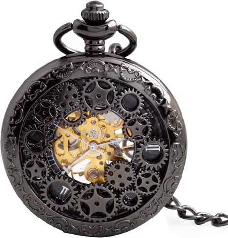 Steampunk Vintage Luminous Roman Letters Skeleton Mechanical Pocket Watch with Chain (Gear Black) in Saudi Arabia