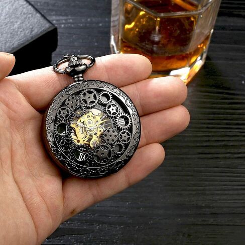 Steampunk Vintage Luminous Roman Letters Skeleton Mechanical Pocket Watch with Chain (Gear Black) in Saudi Arabia
