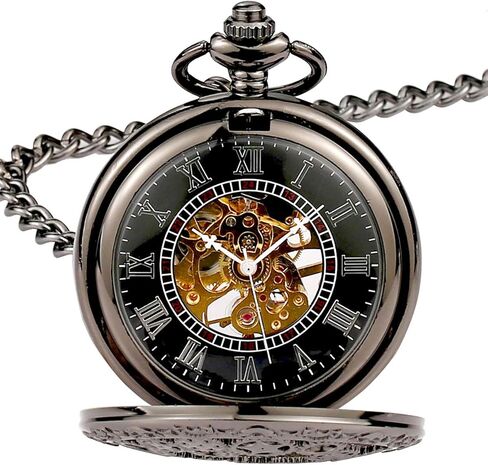 Steampunk Vintage Luminous Roman Letters Skeleton Mechanical Pocket Watch with Chain (Gear Black) in Saudi Arabia