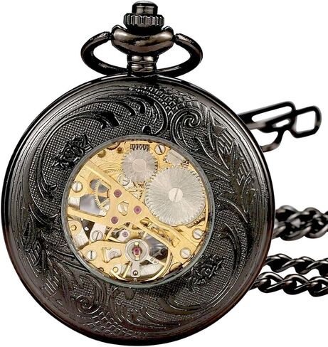 Steampunk Vintage Luminous Roman Letters Skeleton Mechanical Pocket Watch with Chain (Gear Black) in Saudi Arabia