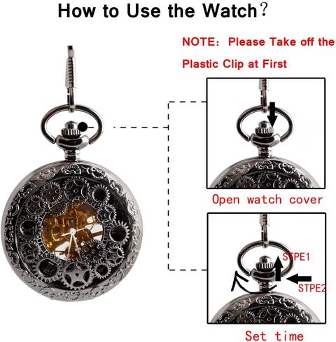 Steampunk Vintage Luminous Roman Letters Skeleton Mechanical Pocket Watch with Chain (Gear Black) in Saudi Arabia