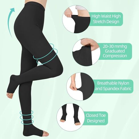 20 - 30mmhg poundyhose ، زوج واحد أو زوجين أو اثنين من طماق الضغط المريح ، تصميم إصبع القدم المفتوح ، جوارب الضغط العالي الخصر الطبي للذمة ، دوالي ، تورم ، حامل ، ممرضات ، رياضيين (مقصورة مفتوحة) in Saudi Arabia
