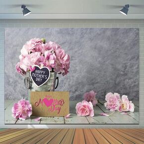 CYLYH 8x6ft Happy Mother's Day Backdrops Pink Carnation Background Wood Floor Backgrounds Gray Abstract Background Mother's Party Bridal Shower Party Decor D524