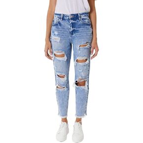 Kancan Women's High Rise Distressed Frayed Hem Mom Jeans - KC5201M