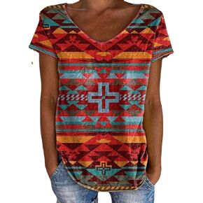 Women's Western Ethnic Style Diamond Pattern Printed Crew Neck T-Shirt Western Style Short Sleeve for Women in Saudi Arabia