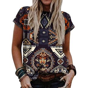 Women's Western Ethnic Style Diamond Pattern Printed Crew Neck T-Shirt Western Style Short Sleeve for Women
