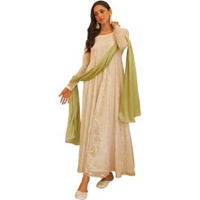 Janasya Mothers Day Gifts White Chiffon Lurex Foil Printed Kurta and Dupatta