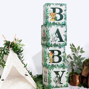 Safari Baby Shower Decorations Jungle Green Baby Shower Boxes Decor- 4 Pcs Safari Animals Baby Blocks First Birthday Wild One Party Supplies