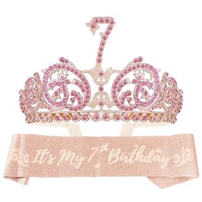 7th Birthday Sash and Tiara for Girls - Fabulous Glitter Sash + Forest Rhinestone Pink Premium Metal Tiara for Girls, 7th Birthday Gifts for Princess Party