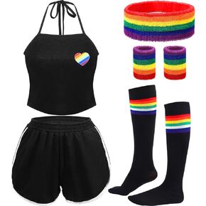 Pride Outfits for Women Girl Rainbow Summer Crop Top and Shorts Halter Pride Suit Headband Wristbands Socks Set