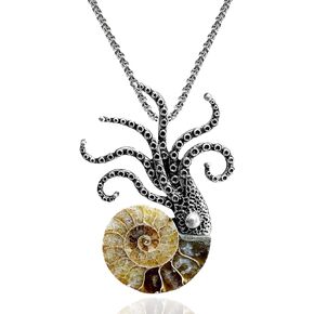 Natural Ammonite Fossil Necklace, Ancient Silver Octopus Pins and Brooches for Women, Fashion Aesthetic Stone Necklace for Men, Unisex Vintage Brooch Necklace for Birthday Christmas Party