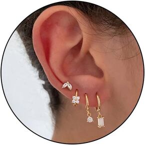 مجموعات أقراط للثقب المتعدد، أقراط متدلية صغيرة من الذهب والفضة عيار 14 قيراط من Huggie Dainty لا تسبب الحساسية من الماس الغضروف الغضروف مكدسات هدايا المجوهرات in Kuwait