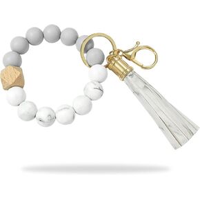 Wristlet Keychains for Women, Silicone Bead Key Ring Bracelet with Tassel, Portable House Car Keyring Bangle