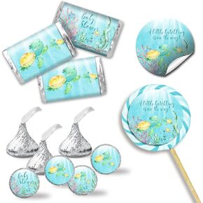 Little Hatchling Cute Sea Turtle Sea Life Baby Shower Sticker Bundle Kit - 429 pieces!!! Includes 60 2" Circle Stickers for Favors & Goodie Bags, 45 Mini Candy Bar Wrappers & 324 Round Candy Kiss