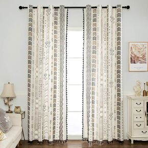 vctops Boho Geometric Print Curtains with Tassels Farmhouse Cotton Linen Room Darkening Window Drapes for Bedroom Grommet Top, 1 Panel (Beige,59"x87")