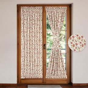 Linen French Door Curtains Set of 2, Elegant Country Style Red Rose Front Door Curtain Dual Rod Pocket Tiebacks Included, 25" W x 72" L