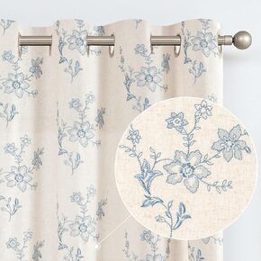 Topick Blue Window Curtains Linen Like Ring Top for Living Room Bedroom Curtain with Floral Embroidered Design 2 Panels 84 inch