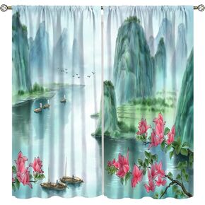 Japanese Cherry Blossom Curtain, Mountain River Pine Trees Nature Landscape Asian Style Window Treatments for Living Room Bedroom Decor, Tradition Oriental Printed Drapes 2 Panel Sets,42x45 Inch in Kuwait