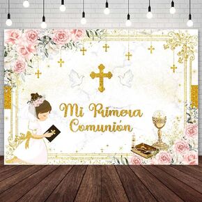 7x5ft Mi Primera Comunion Backdrop for Girls Christening God Bless Baptism First Holy Communion Photography Background Pink Floral Chalice Doves Baby Shower Party Decorations Banner
