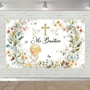 Avezano Mi Bautizo Backdrop Green Leaves Floral First Holy Communion Party Decorations Christening Newborn Baby Shower Banner Angel God Bless Baptism Background 70.8 x 43.3 Inch