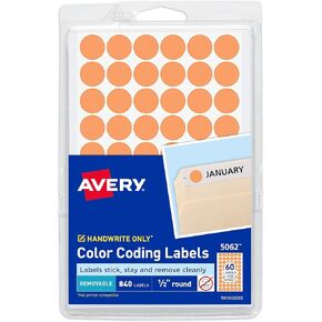 Avery 05062 Handwrite Only Removable Round Color-Coding Labels, 1/2-Inch dia, Neon Orange,840/PK