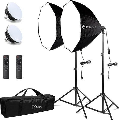 مجموعة إضاءة Softbox، 2X 150W E27 لمبات 3000-6500K، 27.5 بوصة احترافية للتصوير الفوتوغرافي المثمن صناديق إضاءة الاستوديو المستمرة للصور الفوتوغرافية العصرية والفيديو على YouTube البث المباشر in Saudi Arabia