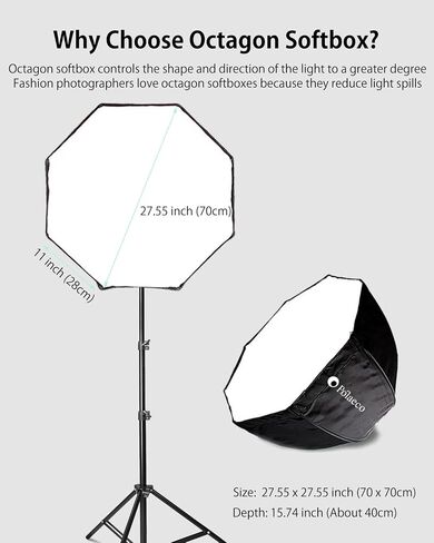 مجموعة إضاءة Softbox، 2X 150W E27 لمبات 3000-6500K، 27.5 بوصة احترافية للتصوير الفوتوغرافي المثمن صناديق إضاءة الاستوديو المستمرة للصور الفوتوغرافية العصرية والفيديو على YouTube البث المباشر in Saudi Arabia