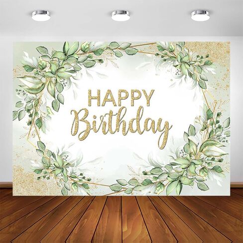 Avezano Sage Green Birthday Party Decorations Sprinkle Gold Dots Happy Birthday Backdrop Greenery Leaves Bday Photoshoot Background Banner (7x5ft) in Saudi Arabia