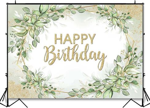 Avezano Sage Green Birthday Party Decorations Sprinkle Gold Dots Happy Birthday Backdrop Greenery Leaves Bday Photoshoot Background Banner (7x5ft) in Saudi Arabia