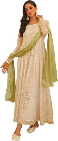 Janasya Mothers Day Gifts White Chiffon Lurex Foil Printed Kurta and Dupatta in Saudi Arabia
