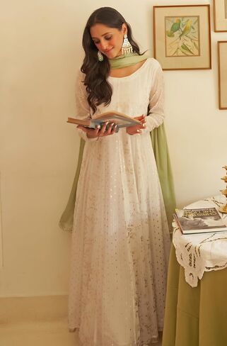 Janasya Mothers Day Gifts White Chiffon Lurex Foil Printed Kurta and Dupatta in Saudi Arabia