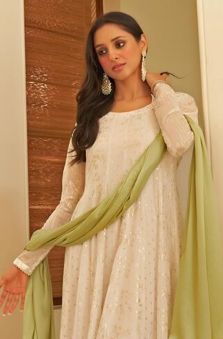 Janasya Mothers Day Gifts White Chiffon Lurex Foil Printed Kurta and Dupatta in Saudi Arabia