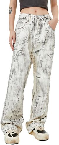 Women's Dirty Fit Straight Leg Jeans, Unique Retro Printed Denim Pants Loose Fit Zipper Closure Streetwear Boyfriend Jeans in Kuwait