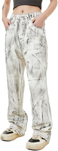 Women's Dirty Fit Straight Leg Jeans, Unique Retro Printed Denim Pants Loose Fit Zipper Closure Streetwear Boyfriend Jeans in Kuwait